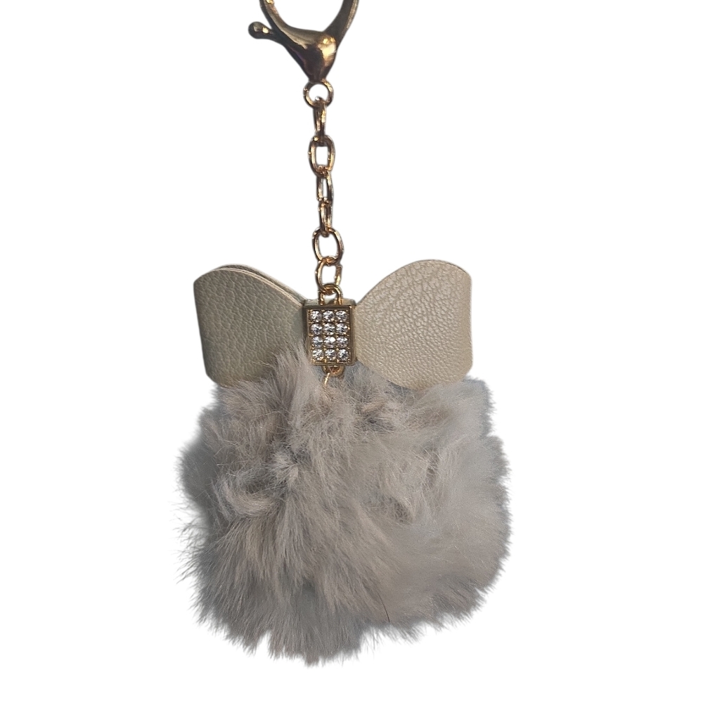 Cream and Gray Pom Pom Keychain/bag Charm